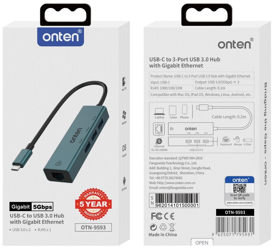 ONTEN OTN-9593 USB-C to 3-Ports USB 3.0 Hub with Gigabit Ethernet Adapter