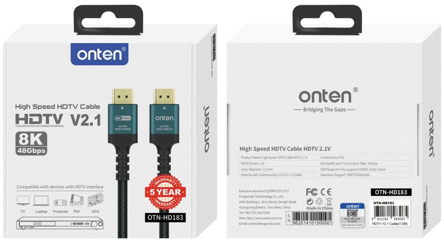 ONTEN OTN-HD183 8K@60hz High Speed HDMI Cable HDMI V2.1 8K@60hz 48Gbps