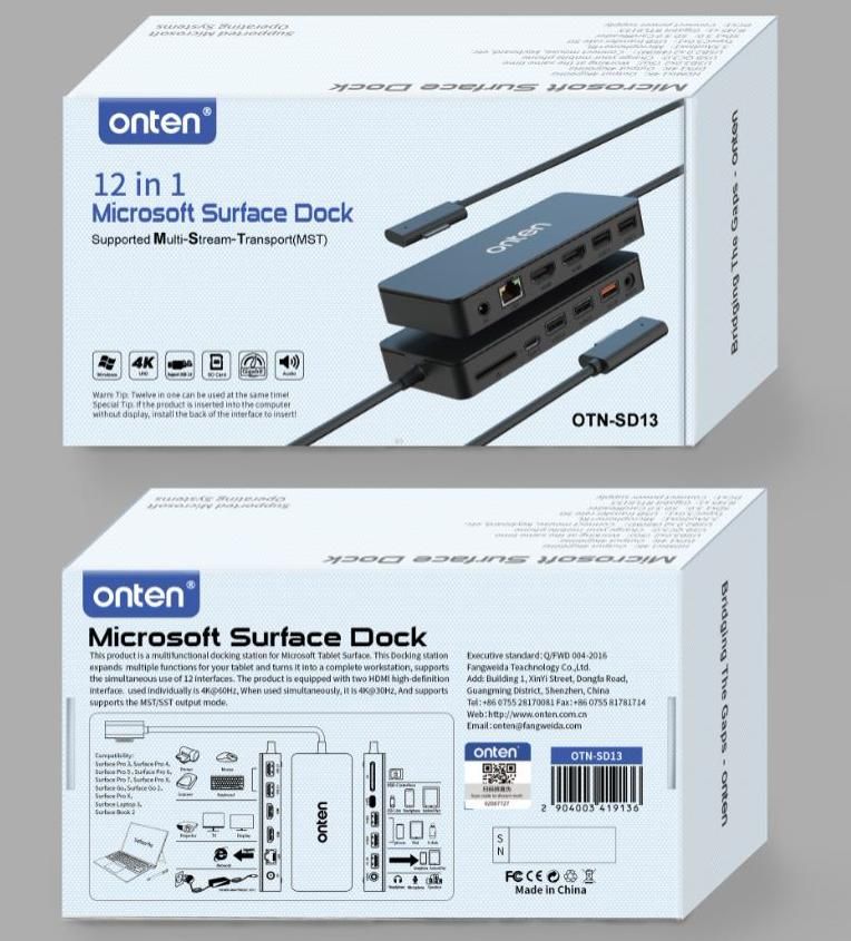 ONTEN OTN-SD13 12-in-1 Surface Multi-function docking station HDMI*2+RJ45(Gigabit)+USB 3.0*2+USB2.0*2+USB(QC 3.0)+Audio 