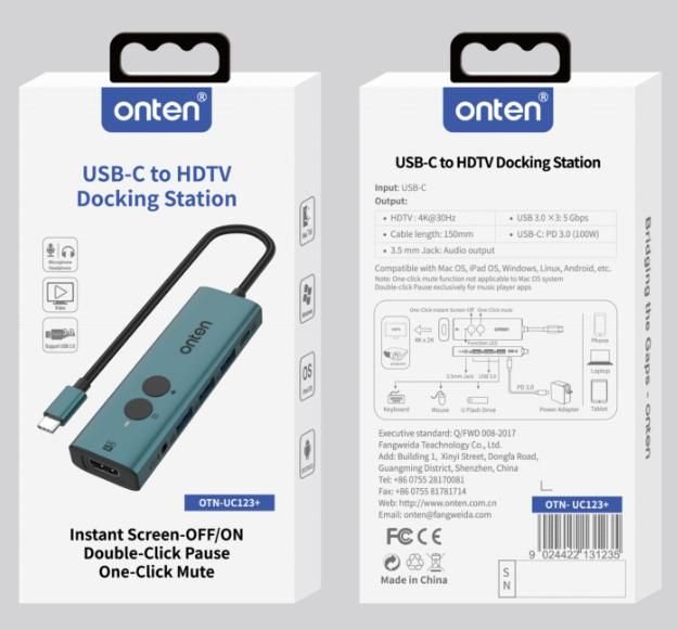 ONTEN OTN-UC123+ USB-C to HDMI Docking Station with Instant Screen- Off, One-Click mute USB-C