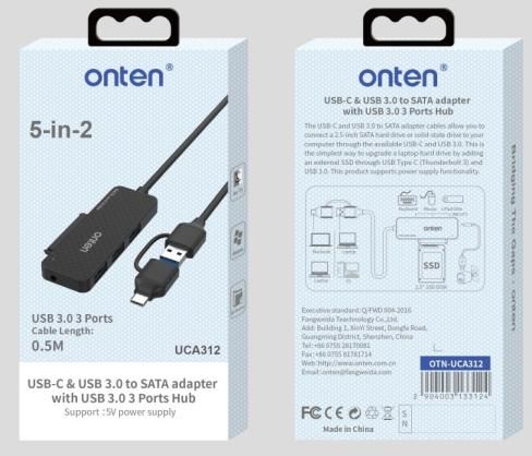 ONTEN OTN-UCA312 USB-C & USB 3.0 to SATA adapter with USB 3.0 3 Ports HUB