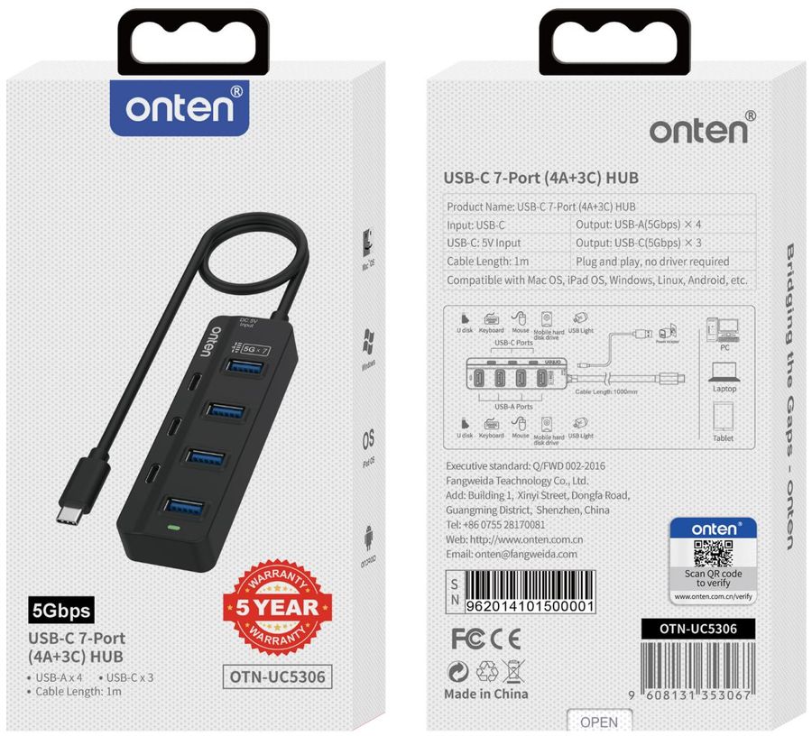 ONTEN OTN-UCA5306 7-in-2 USB-C/USB 3.0 7-Port HUB