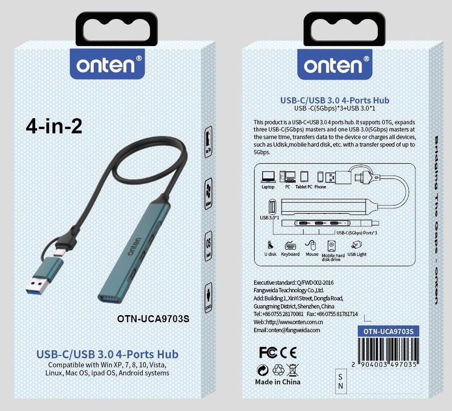 ONTEN OTN-UCA9703S 4-in-2 USB-C/USB 3.0 4-Port HUB