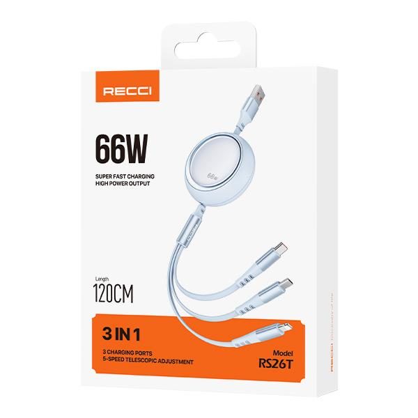 RECCI RS26T 66W Super Fast charge 3-in-1 telescopic data cable